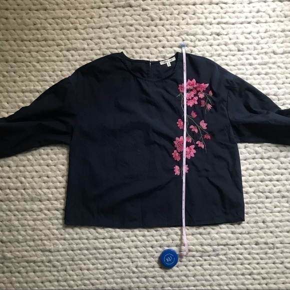 Blueh ciel navy top with pink cherry blossom embroidery, S - Picture 10 of 12